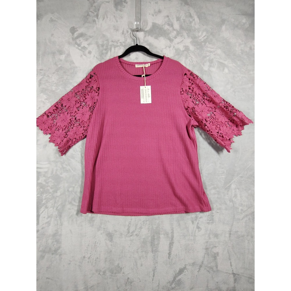 Grace + Emma Magenta Waffle Knit Top Floral Crochet Lace Sleeve XL NWT
